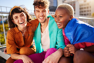 Buy stock photo Support, love and lgbtq with friends and flag in city for freedom, gay pride and equality. Culture, celebration or inclusion with portrait of group of people for community, diversity and human rights