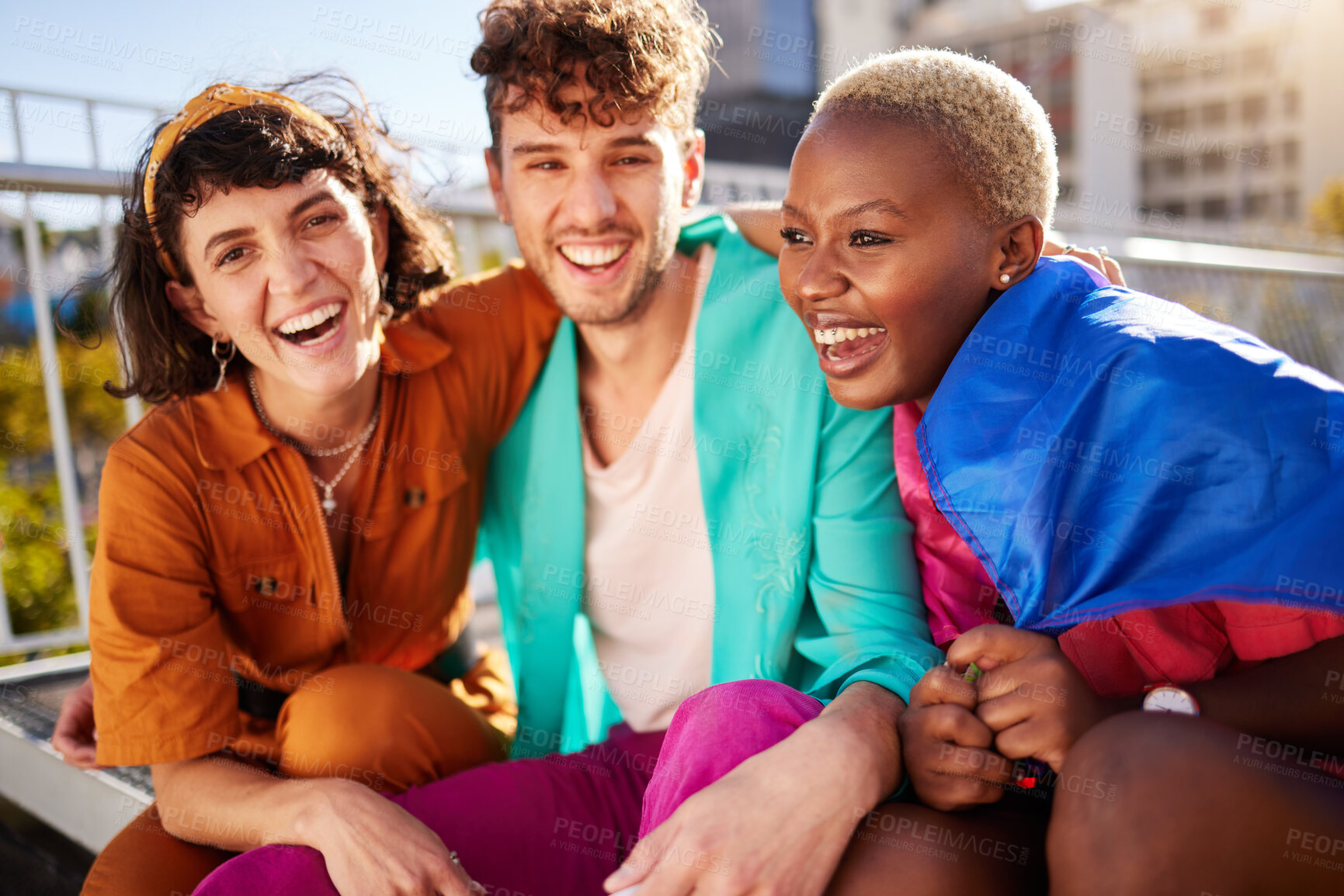 Buy stock photo Support, love and lgbtq with friends and flag in city for freedom, gay pride and equality. Culture, celebration or inclusion with portrait of group of people for community, diversity and human rights