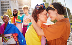 Pride, lesbian couple and march for lgbtq community, queer and young people in city, outdoor or protest. Love, women and friends in town, relationship or happiness for human rights, freedom and smile
