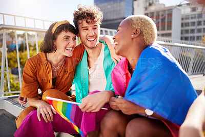Buy stock photo LGBTQ, celebration and friends with flags in city for a pride parade or event for the community. Diversity, sexuality and queer people talking with freedom, happiness and solidarity together in town.