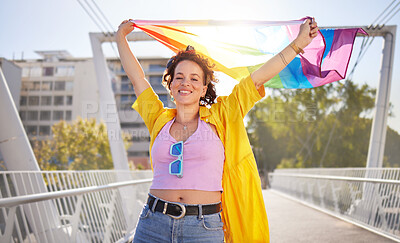 Buy stock photo Portrait, pride and lesbian woman with flag on city bridge, lgbtq community, identity with support and equality in love Rainbow, lifestyle and lgbt awareness, inclusion and celebrate with sexuality