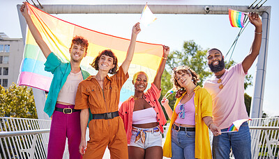 Buy stock photo Friends, city and happy lgbt people with rainbow flag for support, queer celebration and parade for solidarity. Diversity, lgbtq community and group enjoy freedom, happiness and pride identity