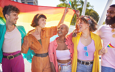 Buy stock photo Festival, city and happy lgbt friends with rainbow flag for support, queer celebration and parade for solidarity. Diversity, lgbtq community and people enjoy freedom, happiness and pride identity