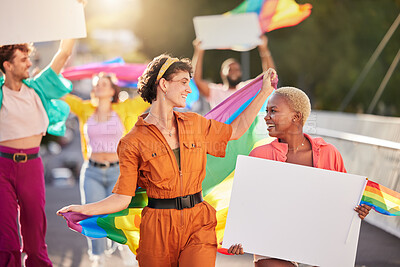 Buy stock photo People, protest and march for LGBTQ with pride for gay, lesbian or bisexual sexuality together in the city. Happy group of homosexual women and men walking in street with billboards and rainbow flags