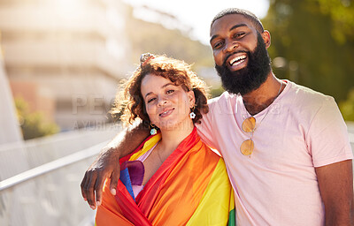 Buy stock photo Happy couple, friends and portrait smile for gay, bisexual or LGBTQ pride with rainbow flag in a city. Proud man and woman smiling in support for lesbian, homosexual or transgender community in town