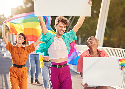 Buy stock photo People, protest and march for LGBTQ billboards for gay, lesbian or bisexual sexuality together in the city. Happy group of homosexual women and men walking in street with posters and rainbow flags