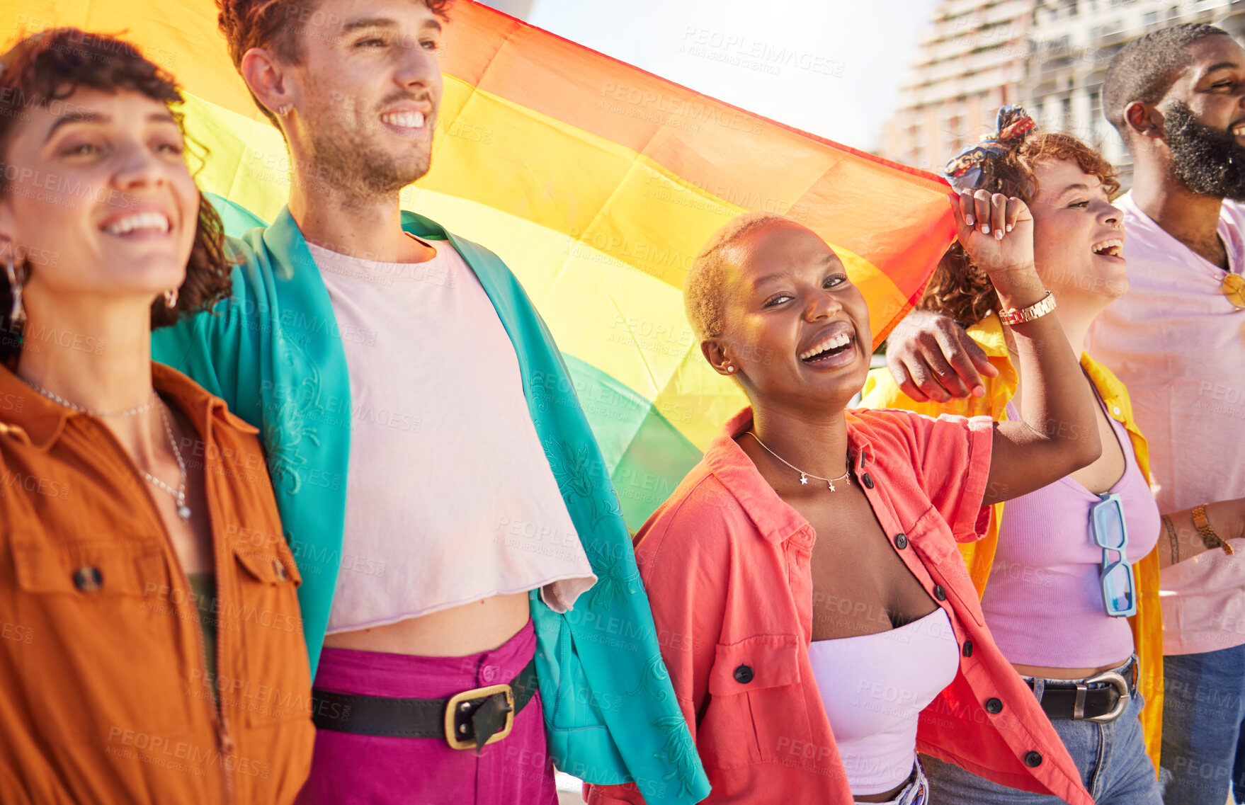 Buy stock photo Friends, city and lgbt people walking with rainbow flag for support, queer celebration and parade for solidarity. Diversity, lgbtq community and group enjoy freedom, happiness and pride identity