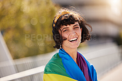 Buy stock photo Love, equality and portrait of woman with pride flag in city, happy non binary lifestyle of freedom and peace. Happiness, summer and fun for gender neutral people in lgbt rainbow community with smile