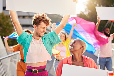 Buy stock photo Support, poster and friends at a protest for lgbtq rights, pride event and celebration of love freedom. Happy, diversity and community with boards in city of Brazil for gay equality and sexual choice