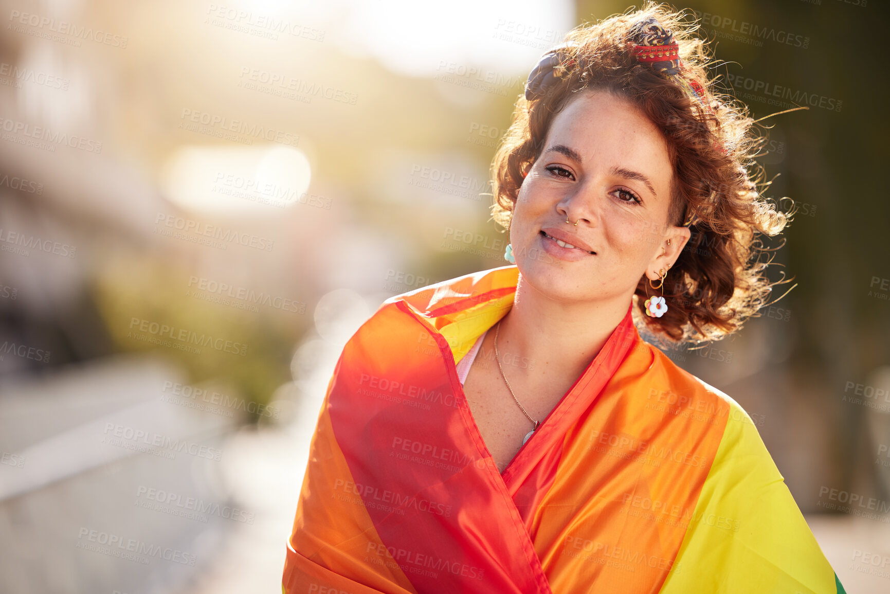 Buy stock photo Love, equality and woman with pride flag in city, happy non binary lifestyle of freedom, peace and rainbow in Brazil. Happiness, summer and fun for gender neutral people in lgbt community with smile.