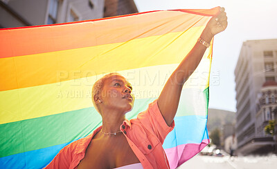 Buy stock photo Lesbian, pride and black woman in city with flag for lgbtq community, ally or gay with support and equality in love outdoor. Rainbow, parade and lgbt awareness, inclusion and celebrate with sexuality