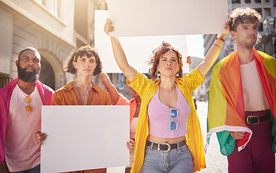 Buy stock photo Mockup poster, lgbt protest and crowd walking in city street for activism, human rights and equality. Freedom, justice and people in lgbtq community with copy space on billboard for social movement