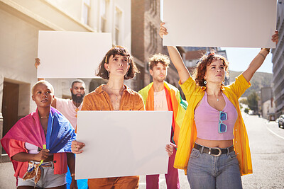 Buy stock photo Lgbt revolution, protest and people with poster walking in city street for freedom, human rights and equality. Society, justice and lgbtq community crowd with mockup billboard space for social change