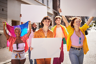 Buy stock photo Lgbt protest, poster and group of people walking in city street for activism, human rights and equality. Freedom, diversity and lgbtq community crowd with mockup billboard space for social movement