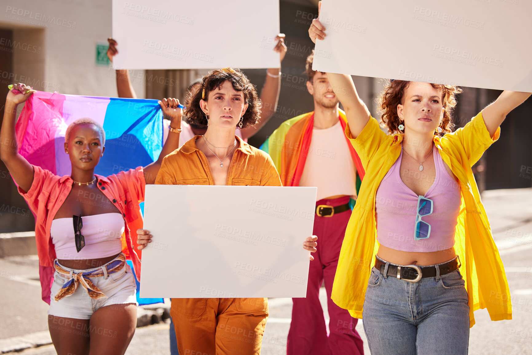 Buy stock photo Lgbt protest, billboard mockup and people walking in city street for activism, human rights and equality. Freedom, diversity and lgbtq community crowd with copy space on poster for social movement