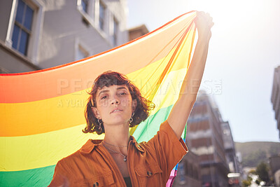 Buy stock photo Portrait, pride and woman in city with flag for lgbtq community, ally or lesbian with support and equality in love outdoor. Rainbow, parade and lgbt awareness, inclusion and celebrate with sexuality