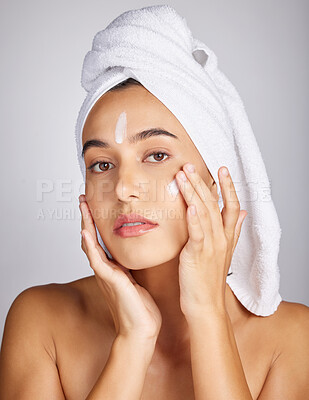 Buy stock photo Woman, skin cream and face portrait with facial moisturizer and spa beauty in morning. Towel, sunscreen and wellness care of a young person with cosmetic, collagen and detox dermatology product