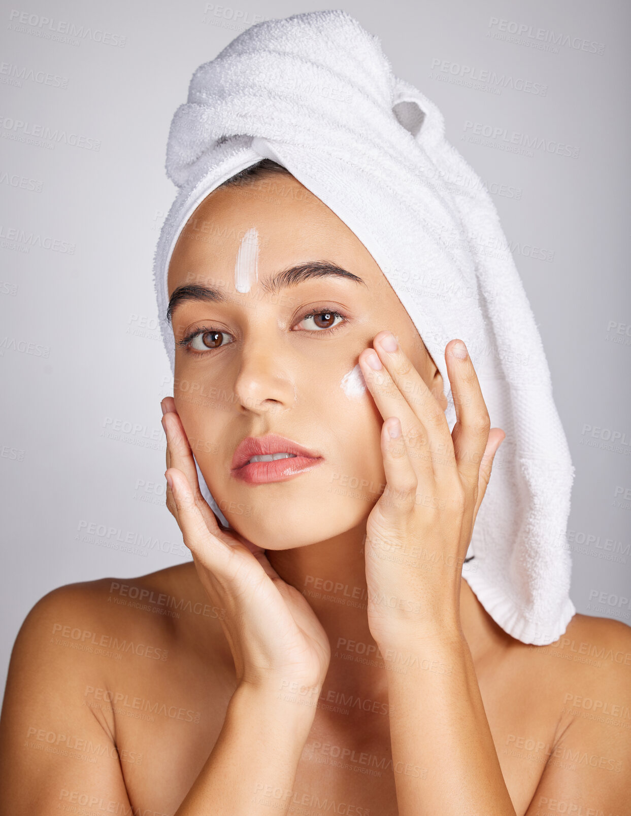 Buy stock photo Woman, skin cream and face portrait with facial moisturizer and spa beauty in morning. Towel, sunscreen and wellness care of a young person with cosmetic, collagen and detox dermatology product