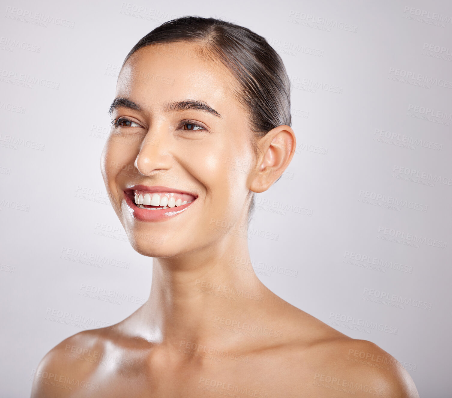 Buy stock photo Woman, smile and happy thinking for beauty, skincare wellness and cosmetics dermatology in grey background studio. Model happiness, relax spa facial glow and positive mindset vision for body care. 