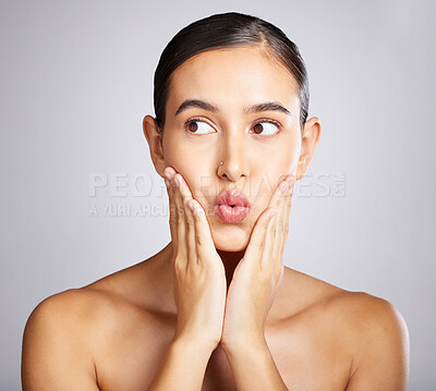 Buy stock photo woman, beauty and kiss face for skincare wellness, facial dermatology and luxury natural skin glow in spa studio. Young model, calm hand gesture and healthy cosmetics treatment or relax body care