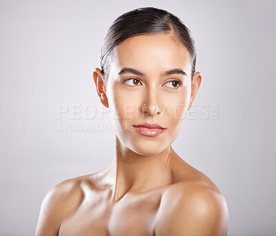 Buy stock photo Woman, beauty and skincare of a wellness model for face cleaning and makeup product. Isolated, white background and young person with skin glow from dermatology, spa and facial with studio background