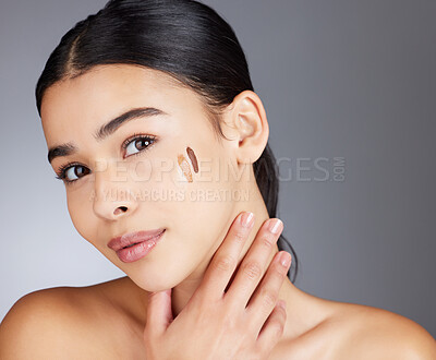 Buy stock photo Beauty, foundation and portrait face of woman test skincare product for self care, anti aging or wellness. Facial healthcare, spa salon girl and happy model with makeup cosmetics on studio background