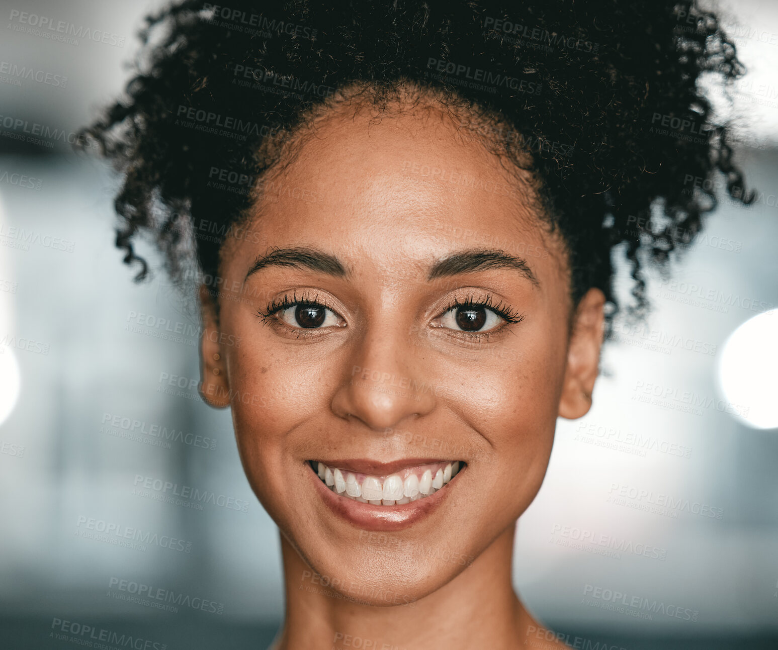 Buy stock photo Black woman, face portrait and smile while happy with white teeth, makeup and cosmetics or natural beauty. Confident and strong African american person with healthy glow on skin and positive mindset 