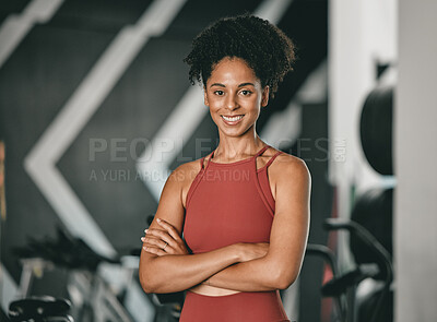 Buy stock photo Black woman, fitness and coach with arms crossed and smile for training, exercise or workout at the gym. Portrait of a confident African American female sports instructor with vision for healthy body