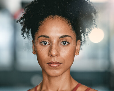 Buy stock photo Portrait, black woman and serious for workout, training and endurance for fitness, wellness and cardio. African female, athlete and lady with stern face, exercise and practice for energy and power