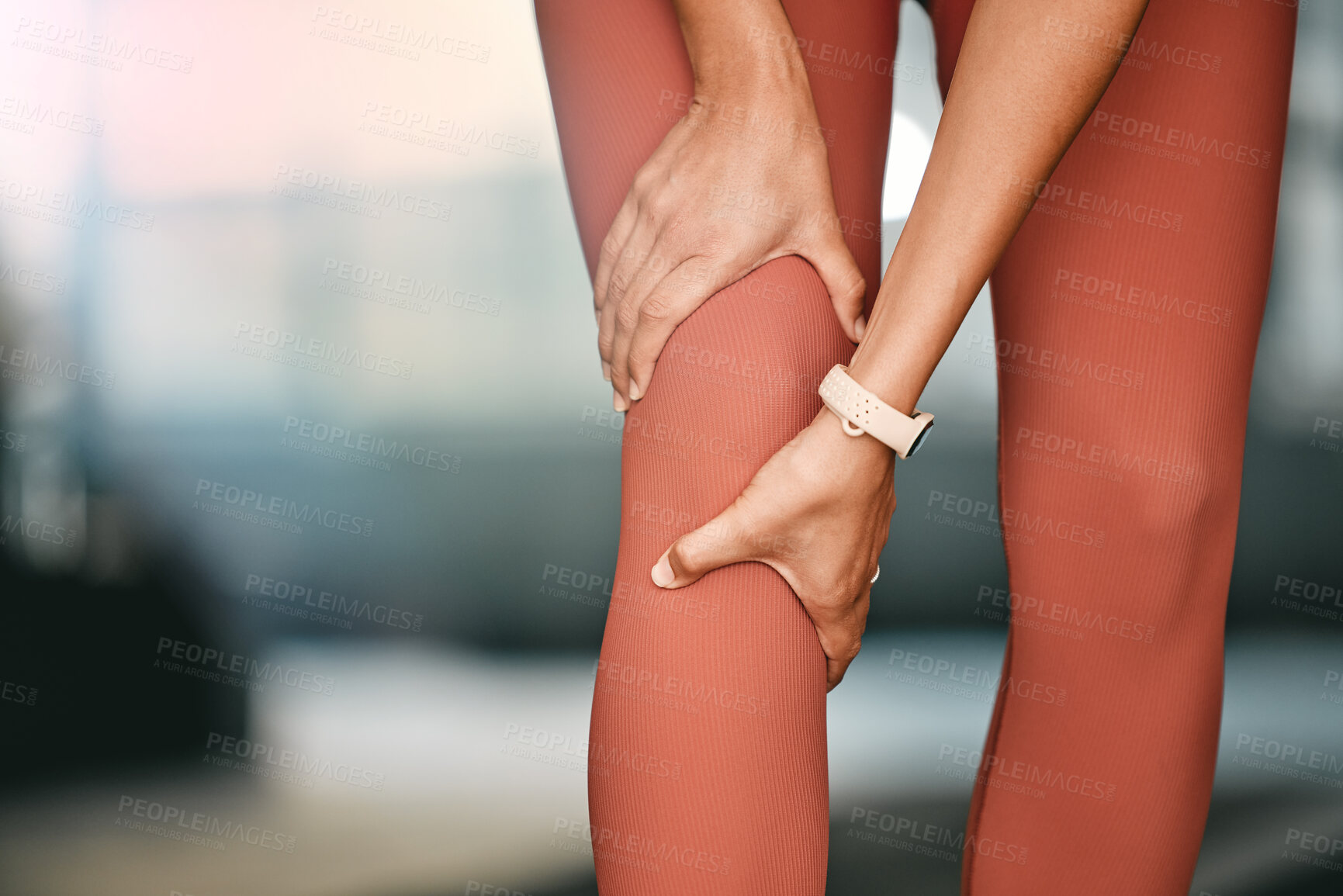 Buy stock photo Gym, legs and woman with knee pain injury from workout challenge, fitness performance or sports girl exercise. Medical problem, athlete training accident and hurt person with muscle strain emergency