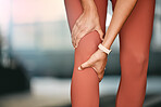Woman, legs and knee pain for fitness run, exercise training or medical accident in health gym. Sports athlete hands, joint pain and leg injury emergency or swollen muscle tension for runner workout