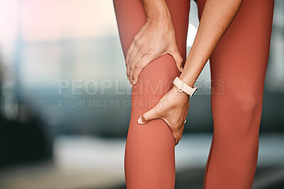 Buy stock photo Woman, legs and knee pain for fitness run, exercise training or medical accident in health gym. Sports athlete hands, joint care and leg injury emergency or swollen muscle tension for runner workout