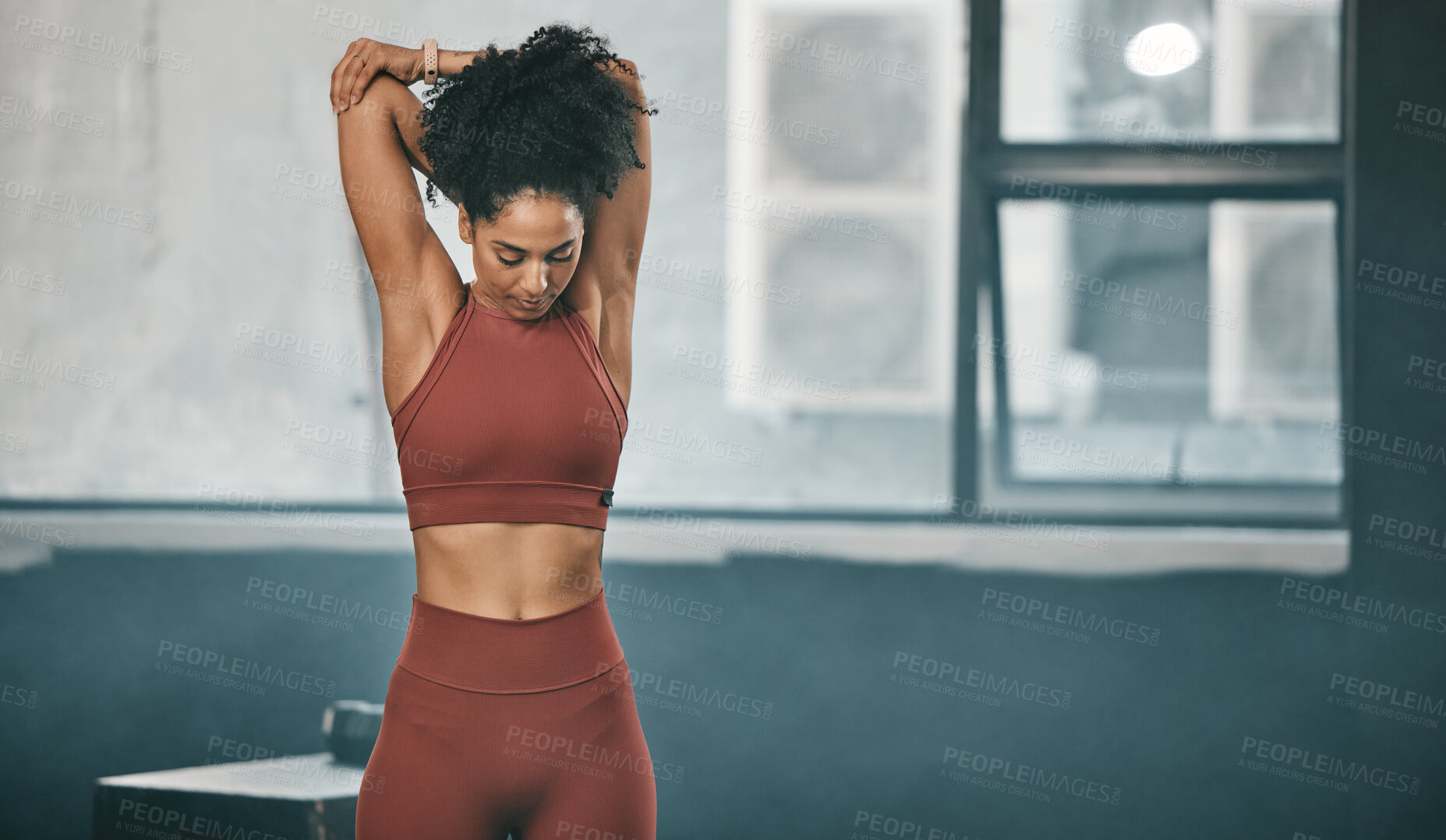 Buy stock photo Exercise, black woman and stretching in gym, fitness and workout for wellness, cardio and health. African American female, lady or athlete with stretch arms, training or practice for energy or strong