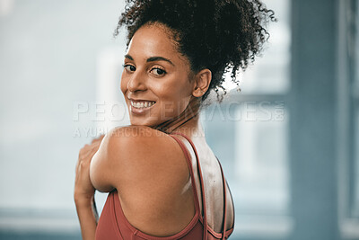 Buy stock photo Black woman, smile portrait and exercise stretching for fitness workout, wellness training and happy cardio runner. in gym. African athlete, sports happiness and running warm up or motivation success