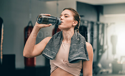 Buy stock photo Exercise health, gym and woman drinking water for sports thirst hydration, fitness performance or running workout. Athlete wellness, fatigue and tired girl with liquid bottle drink after training