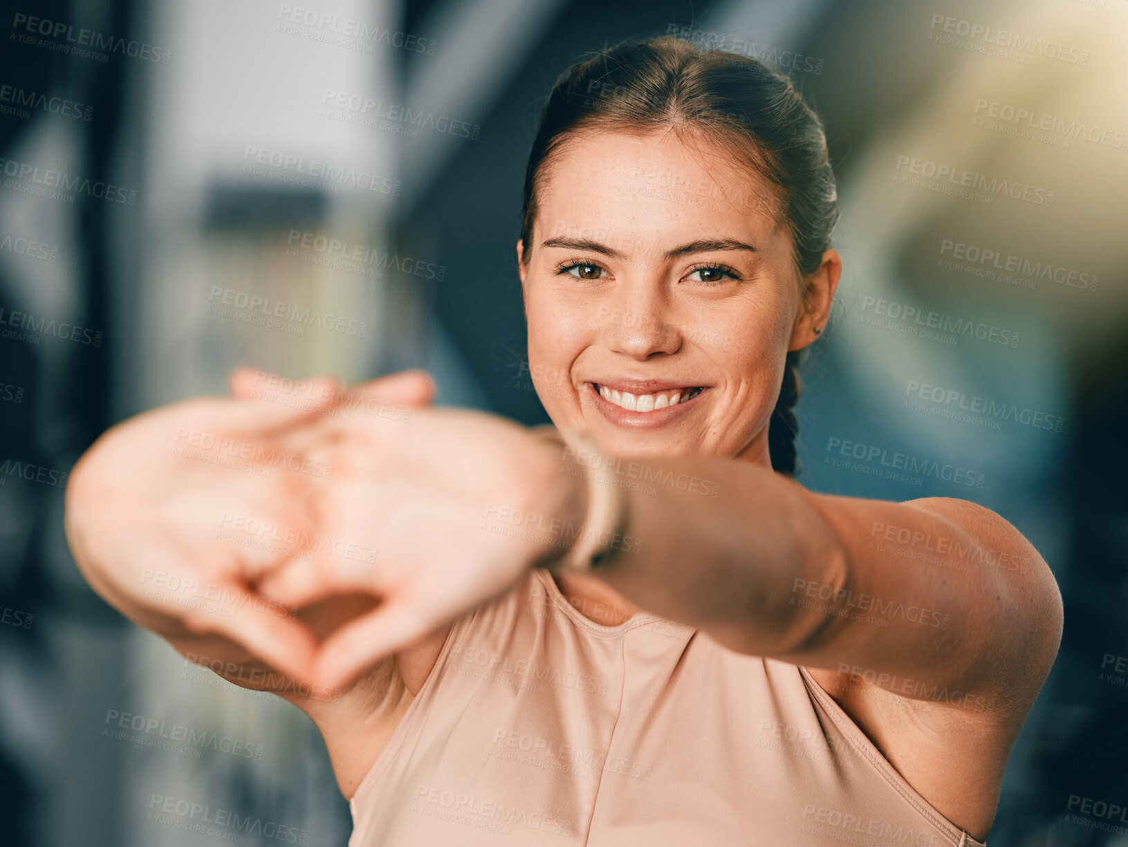 Buy stock photo Portrait, exercise and woman stretching arms, training and fitness for wellness, energy and power. Female athlete, trainer and lady stretch, happiness and confident with practice, cardio and health