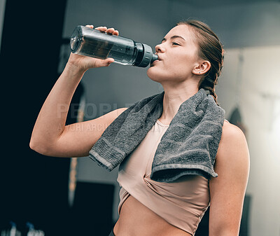 Buy stock photo Fitness health, gym and woman drinking water for sports thirst hydration, performance workout or exercise running. Athlete wellness, fatigue and tired girl with liquid bottle drink after training