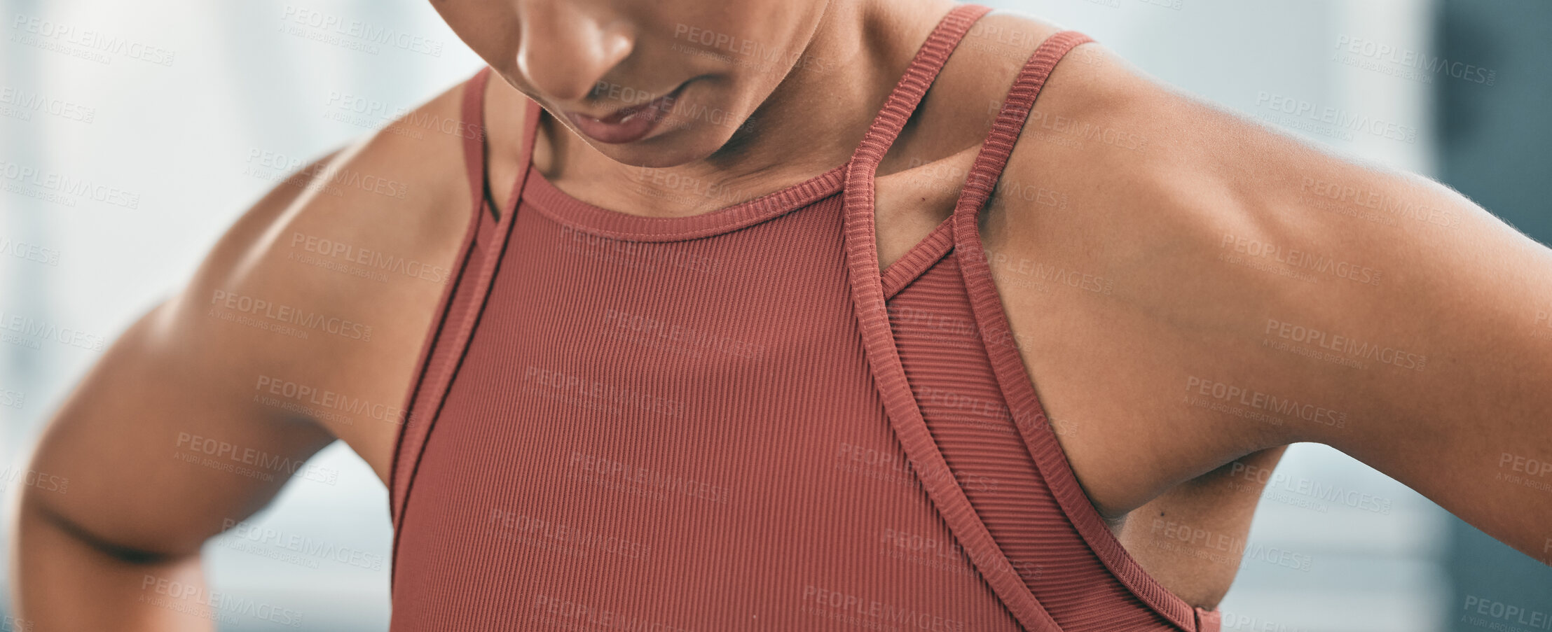 Buy stock photo Fitness, tired and breathing with the shoulders of a black woman in the gym after a workout for health. Exercise, exhausted and breath with an athlete training for wellness or a healthy lifestyle