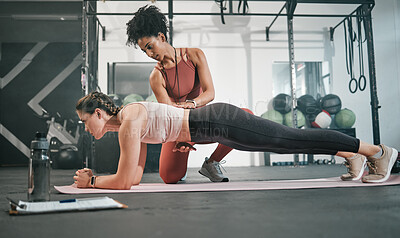 Buy stock photo Fitness, plank or personal trainer at gym with woman for training, exercise or workout at health club. Women, focus or healthy sports athlete exercising with coach for progress, support or motivation