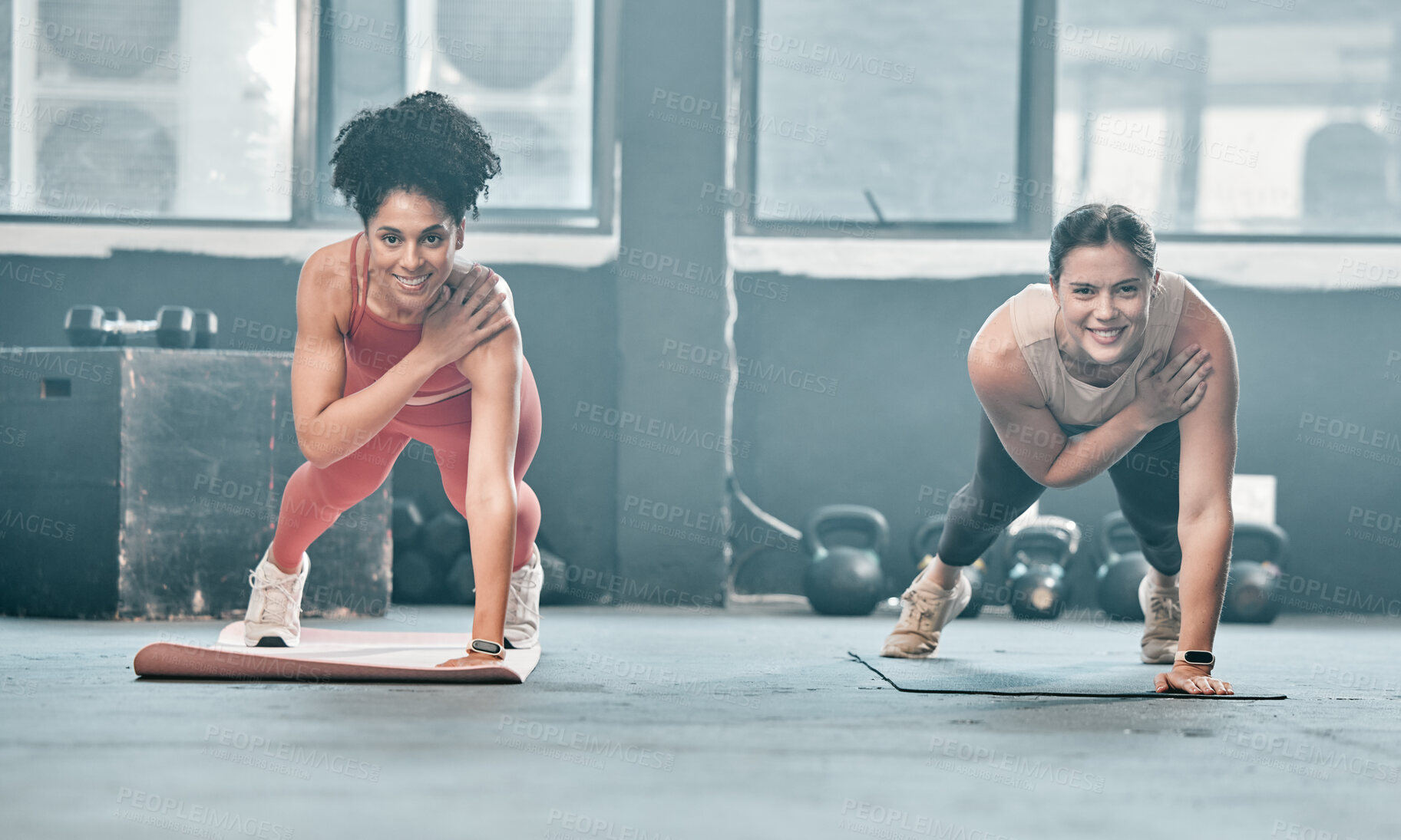 Buy stock photo Woman, fitness and friends in class on mat for workout, exercise or training at the gym. Portrait of happy women with smile for healthy exercising balancing on arm for plank or cardio at gymnasium