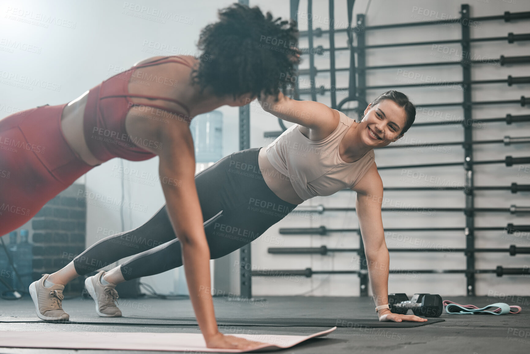 Buy stock photo Gym floor, high five and exercise people doing plank workout, performance training or core muscle building. Body self care, support and wellness for team, women or friends on fitness class ground