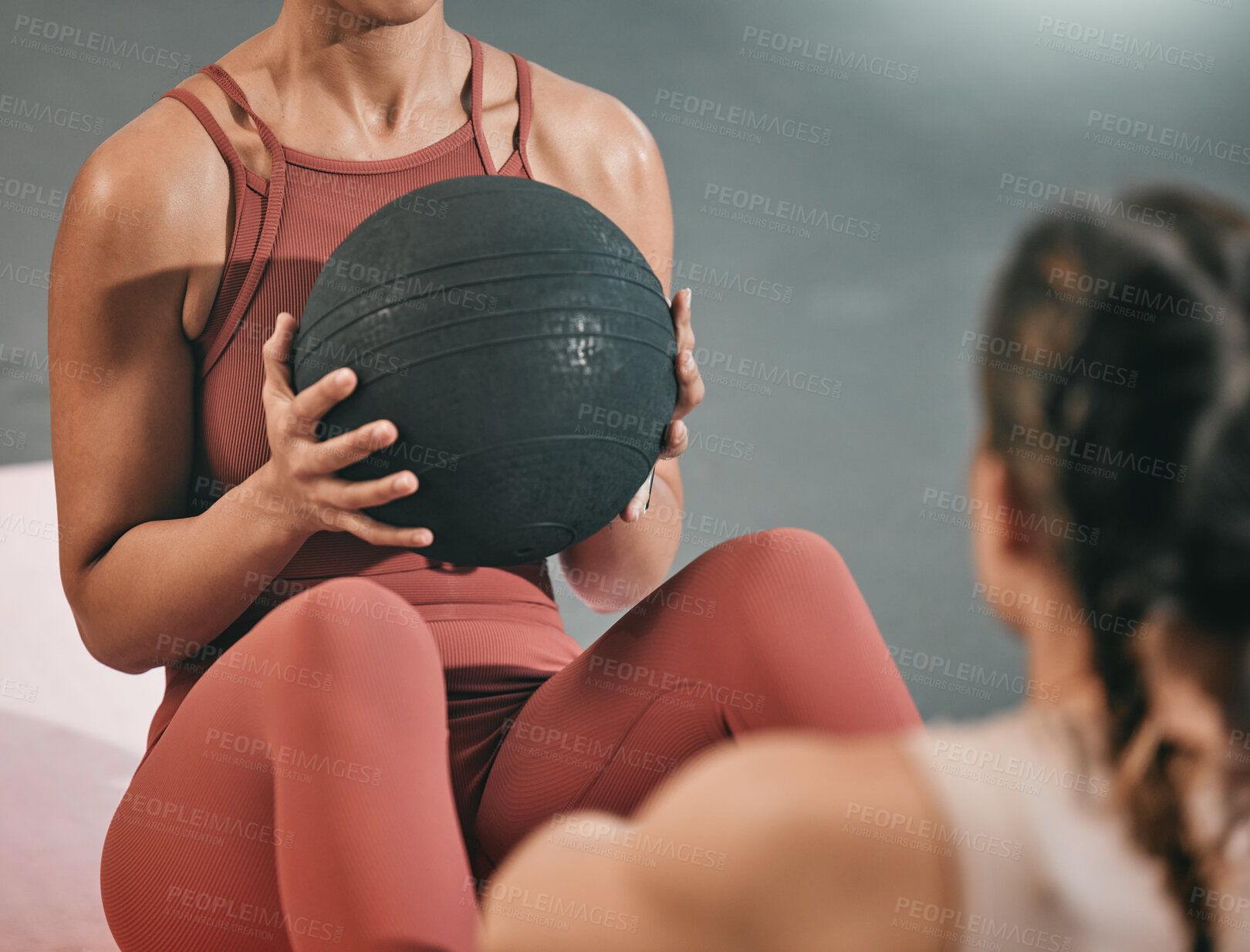 Buy stock photo Fitness, team work or women training with medicine ball in workout or exercise with resilience at gym. Motivation, focused girls or healthy female sports athletes with motivation or strong mindset