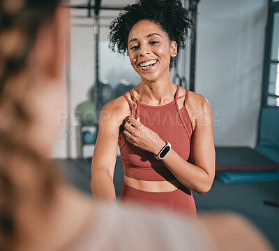 Fitness, personal trainer and black woman shaking hands at gym for team work, trust or support in a workout or exercise. Collaboration, friends or healthy sports athletes handshake in training club