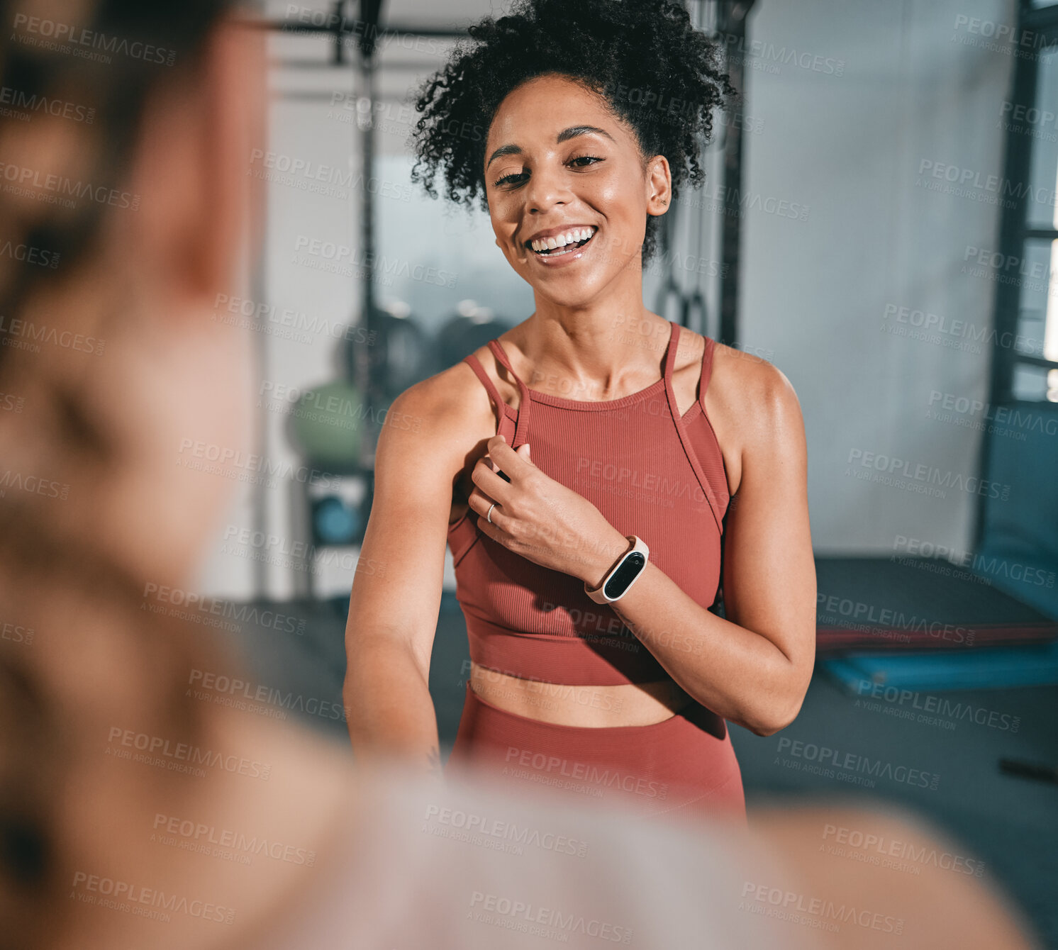 Buy stock photo Fitness, personal trainer and black woman shaking hands at gym for team work, trust or support in a workout or exercise. Collaboration, friends or healthy sports athletes handshake in training club