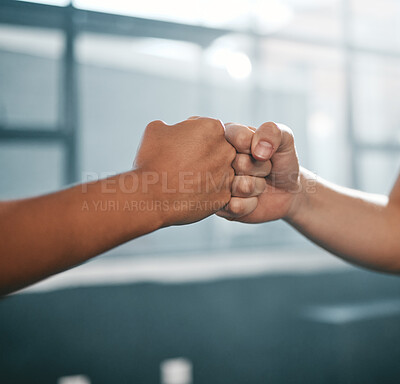 Buy stock photo Hands, fist bump and team fitness motivation for collaboration success, greeting or team building in gym. Athlete hand, exercise partnership deal or support agreement for sports wellness lifestyle