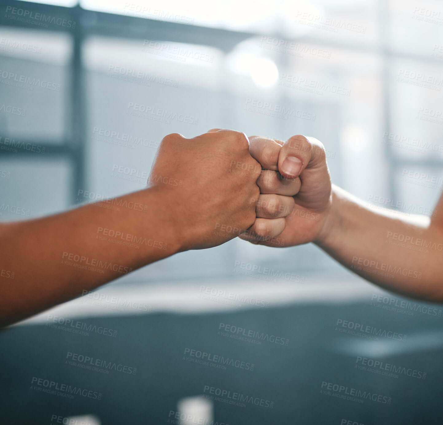 Buy stock photo Hands, fist bump and team fitness motivation for collaboration success, greeting or team building in gym. Athlete hand, exercise partnership deal or support agreement for sports wellness lifestyle