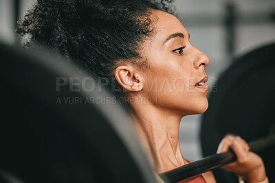 Buy stock photo Gym face, barbell workout and black woman doing muscle fitness performance, strength training or bodybuilding. Exercise, strong body health or bodybuilder weightlifting for athlete wellness lifestyle