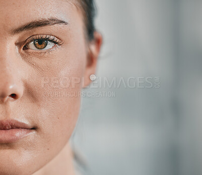 Buy stock photo Fitness, face portrait and woman focus on exercise workout, wellness lifestyle motivation and health commitment. Half, closeup and serious girl with marketing mockup, advertising space or gym mock up