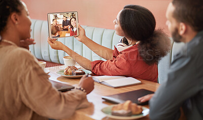 Buy stock photo Selfie, digital tablet and business people at restaurant for meeting, planning and lunch. Picture, people and team smile for photo in business meeting for startup goal or social media advertising