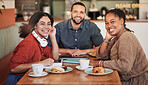 Business meeting, cafe and portrait of web design consultation group with a smile. Working, planning and diversity of creative team consulting on a social media strategy for startup company growth